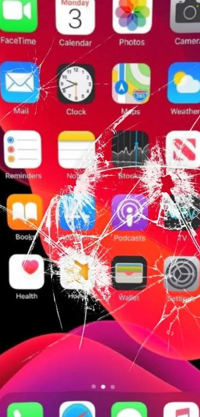 Cracked iPhone screen wallpaper with vibrant app icons.