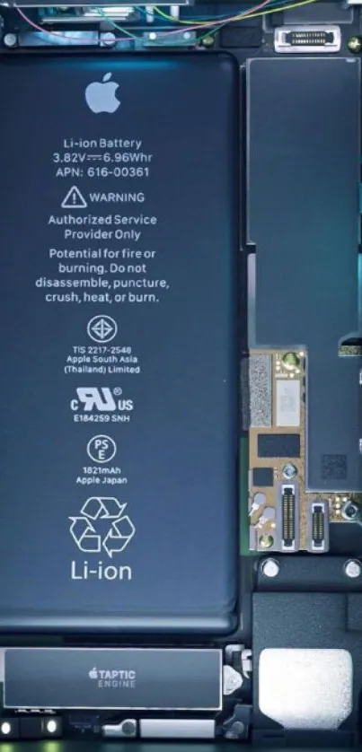 Detailed view of iPhone interior components and battery.