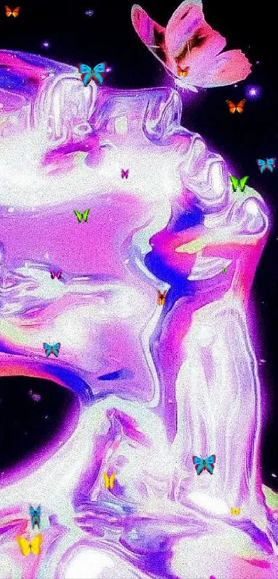 Iridescent 3D art with butterfly and neon colors in inspiring design.