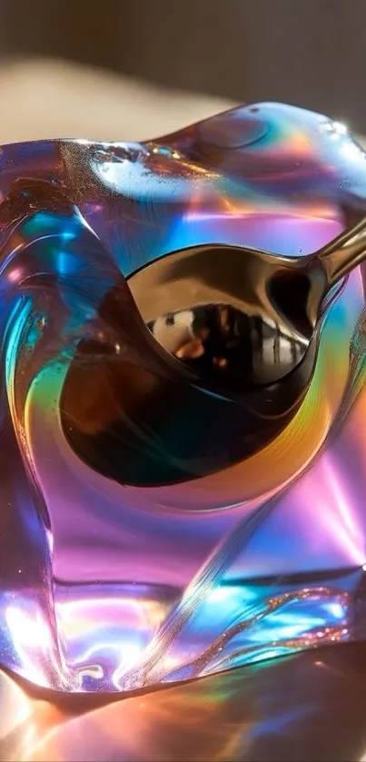 Iridescent abstract artwork with vibrant colors and a metallic spoon.