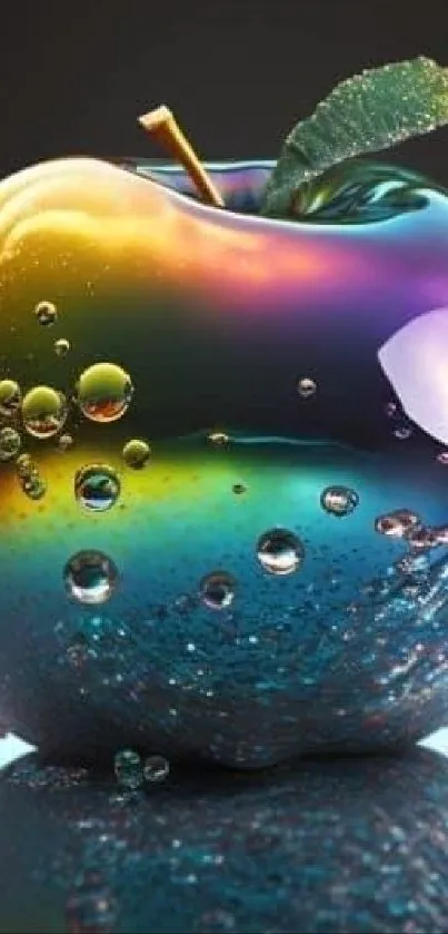 Iridescent apple with water droplets and vibrant colors on a reflective surface.