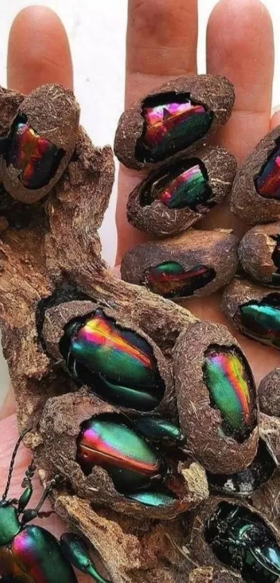 Colorful iridescent beetles resting on a hand with wood texture.