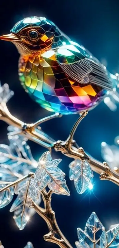 Iridescent bird on crystal branch with vibrant colors.