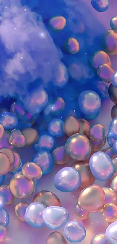 Iridescent bubbles on blue cloud background.