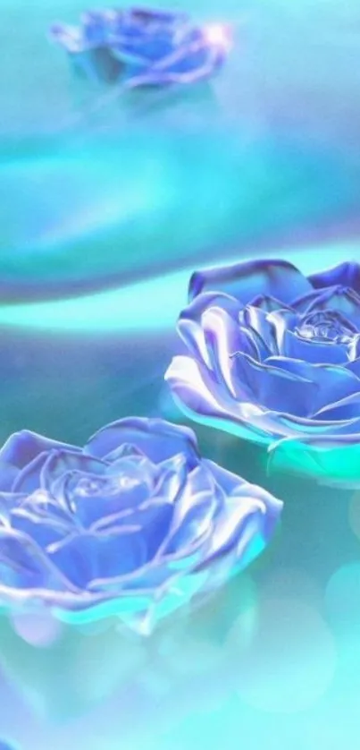 Iridescent blue roses on tranquil turquoise background.