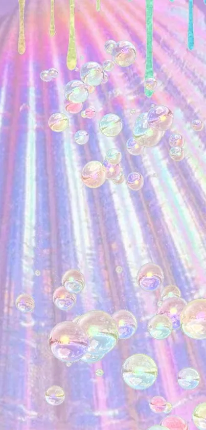 Iridescent wallpaper with bubbles and dripping neon accents in pastel colors.