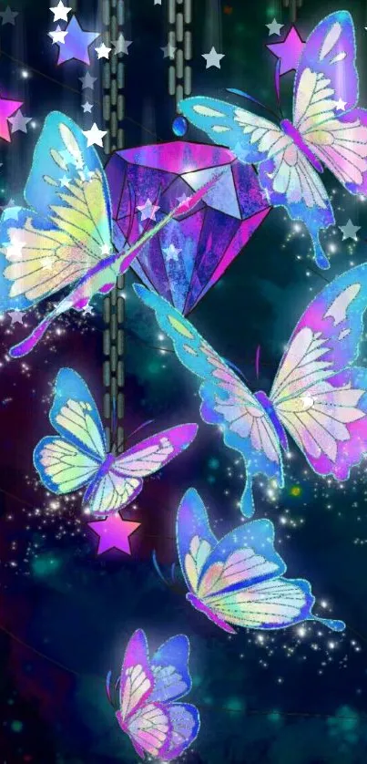 Iridescent butterflies with a cosmic theme on a mobile wallpaper.