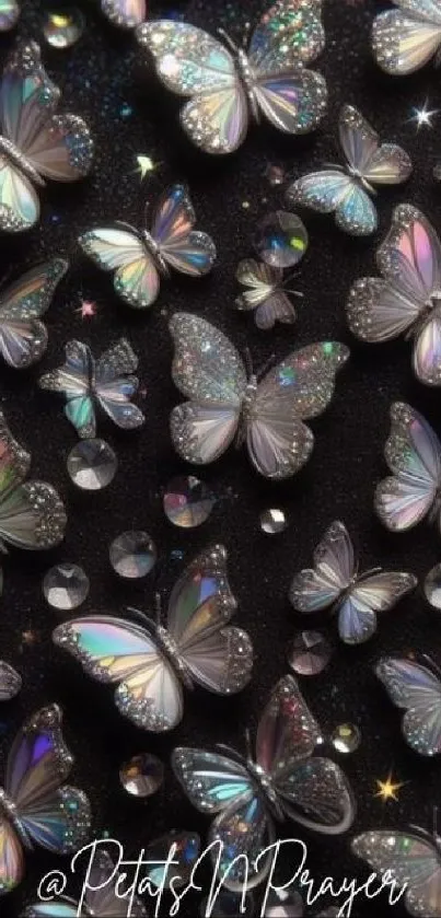 Sparkling butterflies on black background with glitter effects.