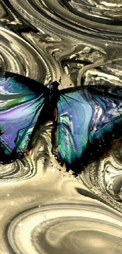 Iridescent butterfly on swirling gold abstract background.