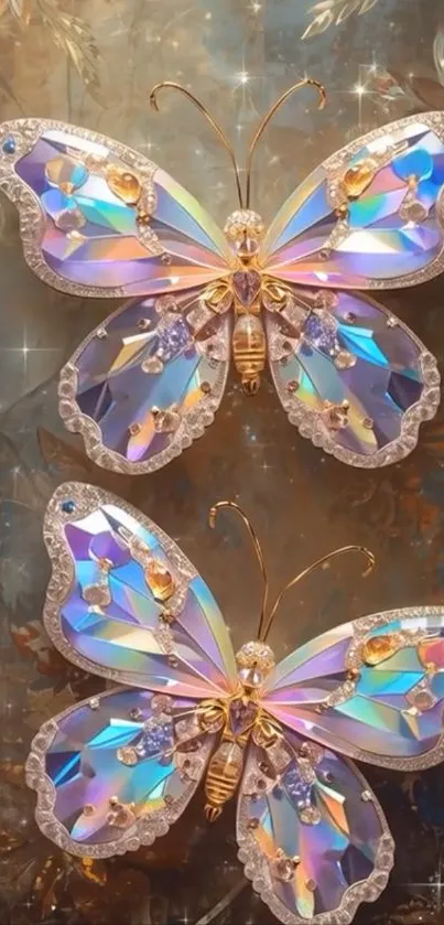 Iridescent butterflies with detailed patterns on a phone wallpaper.
