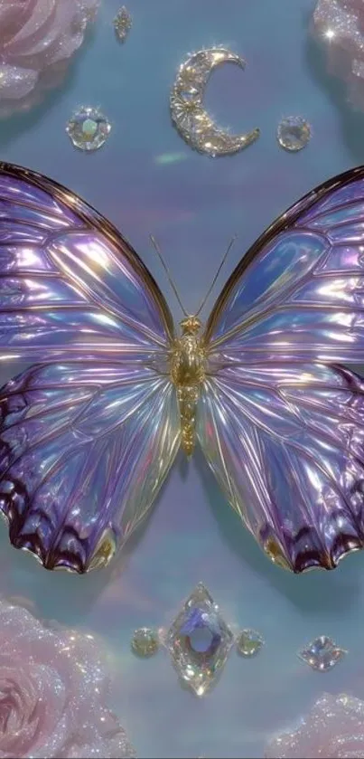 Iridescent butterfly artwork with celestial and floral accents.