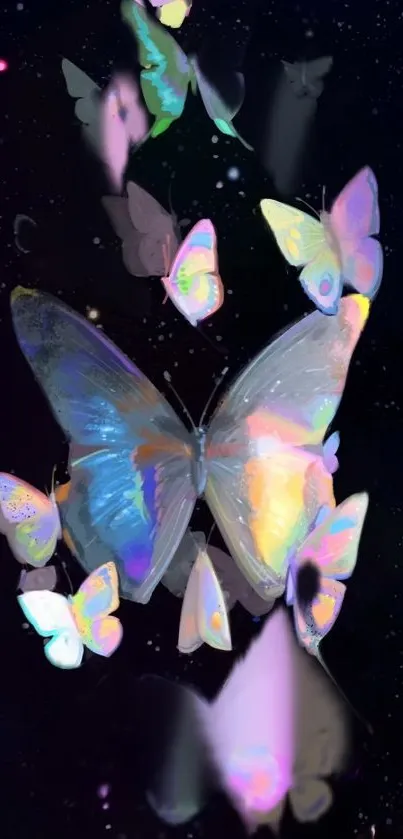 Iridescent butterflies in a starry galaxy background wallpaper.