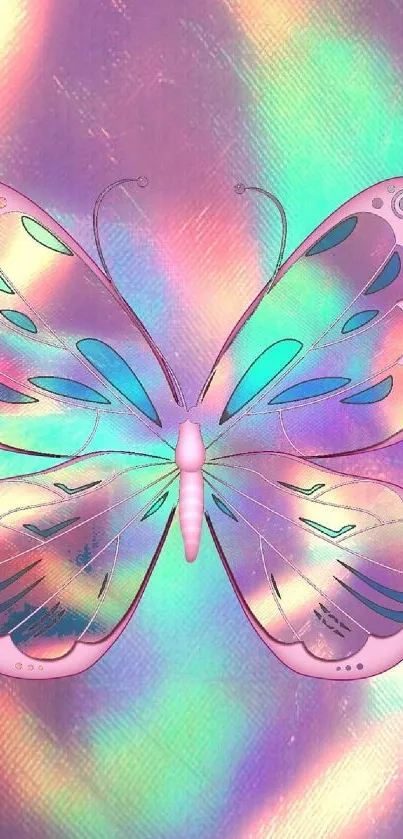 Iridescent butterfly on a holographic background wallpaper.