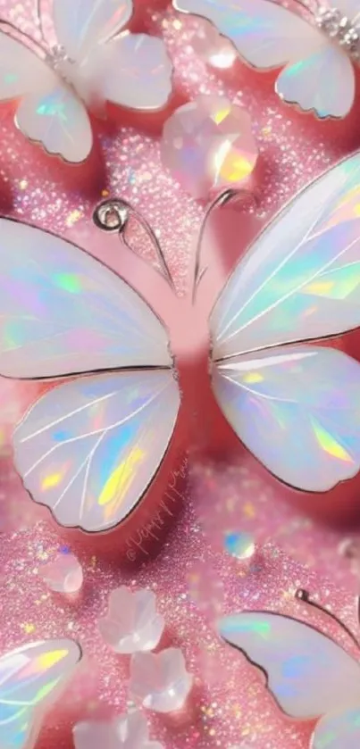 Iridescent butterflies on pink glitter background.