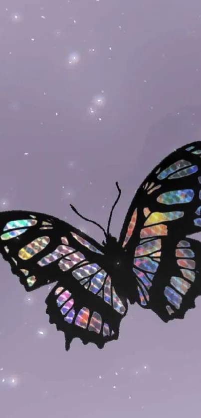 Iridescent butterfly on lavender background wallpaper.