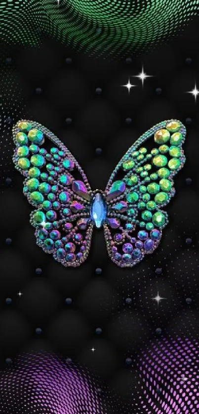 Iridescent butterfly with colorful gemstones on a black backdrop.