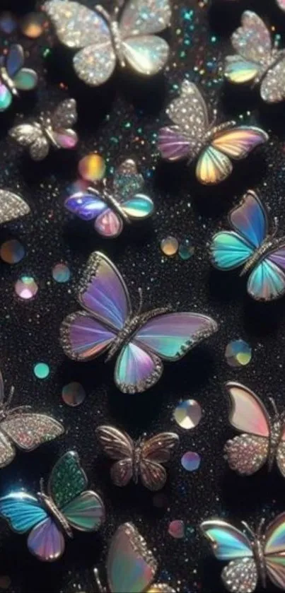 Iridescent butterflies on a dark background.
