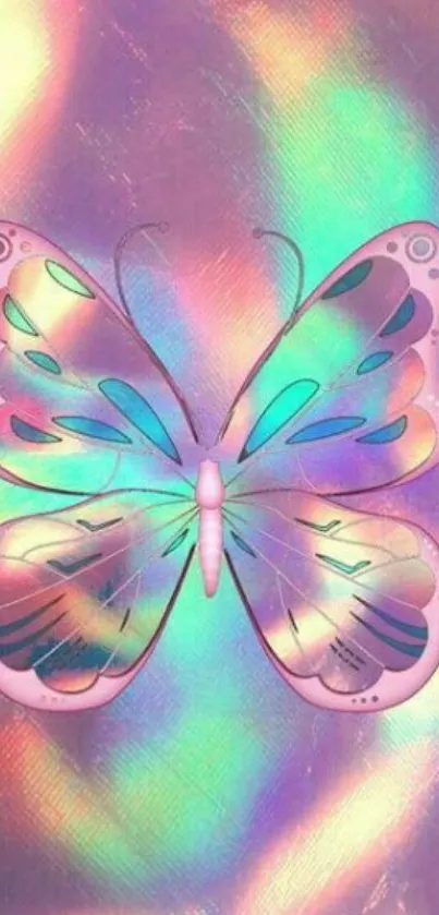 Iridescent butterfly on colorful background wallpaper.