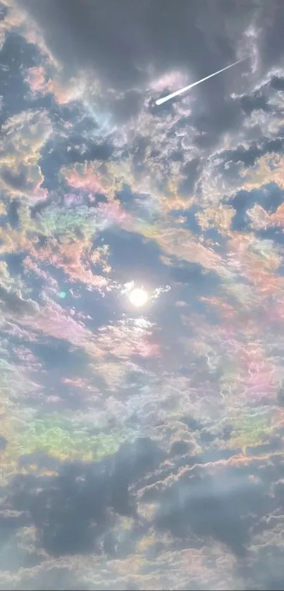 Iridescent clouds with shooting star.