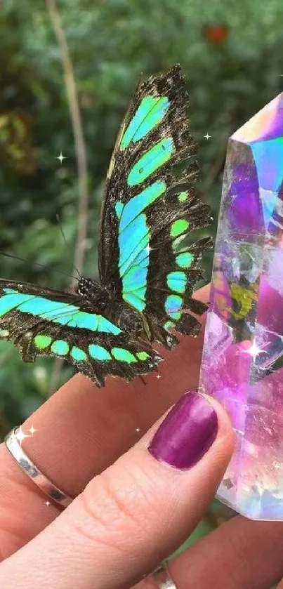 Butterfly on iridescent crystal in lush greenery.