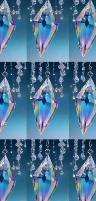 Iridescent crystal gems on blue background, perfect for a phone wallpaper.