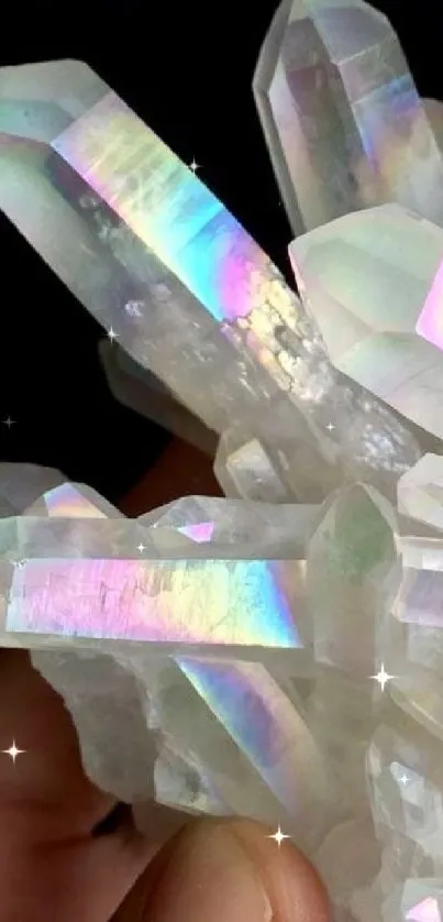 Close-up of iridescent crystals with rainbow colors on a mobile wallpaper.