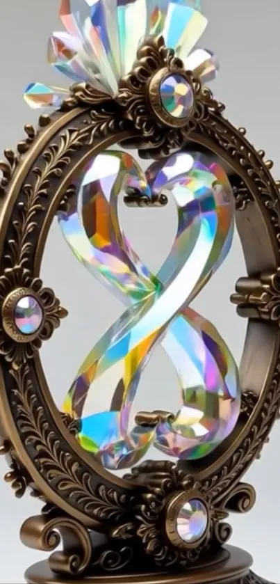 Ornate iridescent crystal ornament with infinity symbol design.