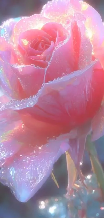 Dew-covered pink rose with iridescent petals.