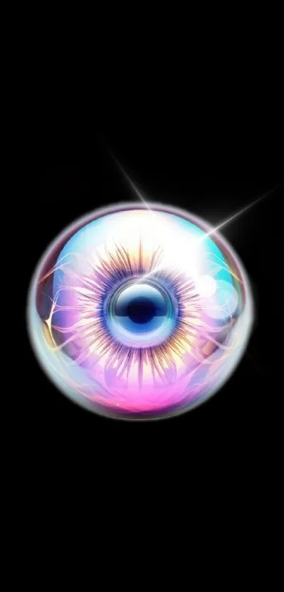 Iridescent eye orb on dark background, vibrant colors glowing.