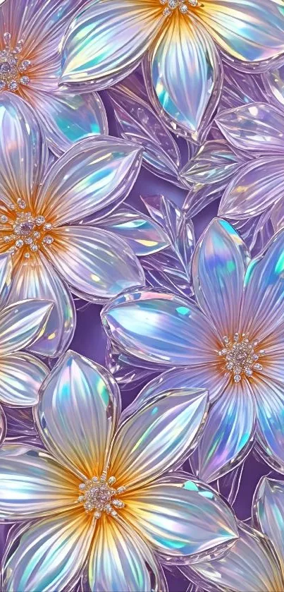 Iridescent flowers on purple background wallpaper.