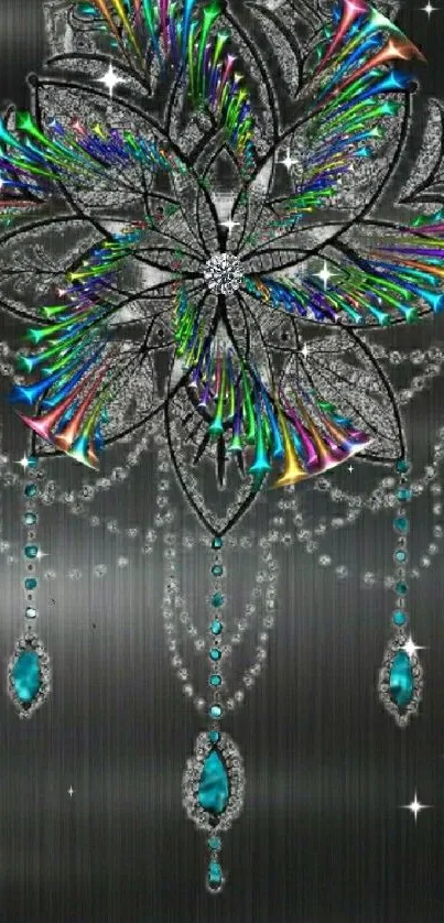 Iridescent floral dreamcatcher with teal gemstones and intricate beadwork design.