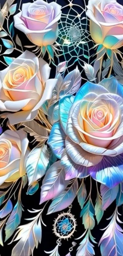 Iridescent floral wallpaper with glowing roses and dreamcatcher.