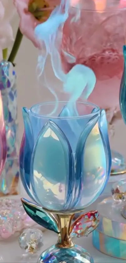 Iridescent floral glassware with colorful smoke rising.