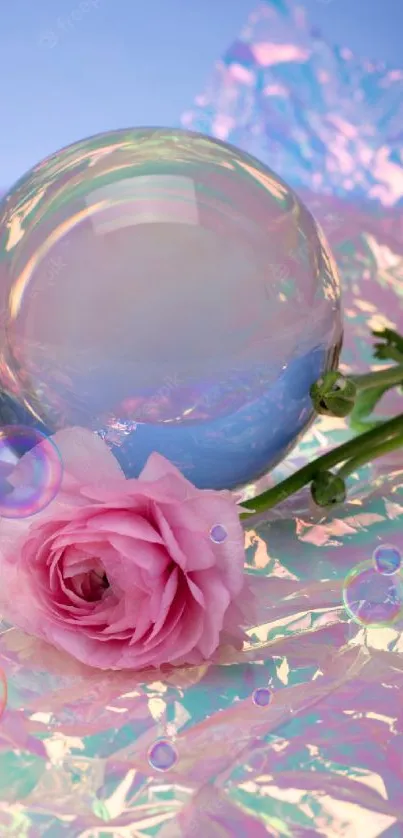 Iridescent sphere with a pink flower on pastel background.