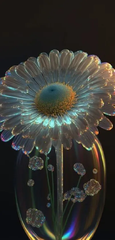 Iridescent flower in a glass vase on a black background.