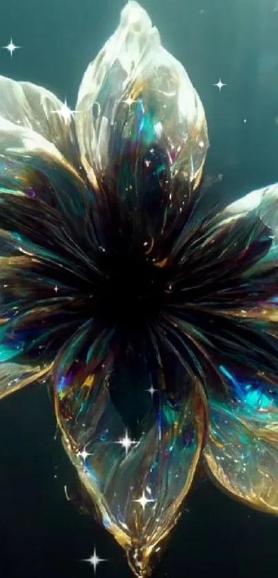 Iridescent flower with a dark, underwater background and shimmering petals.