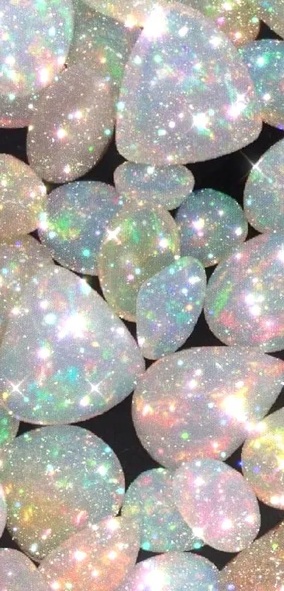 Iridescent opal-like gemstones sparkle on mobile wallpaper.