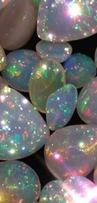 Iridescent gemstones sparkle in colorful light.