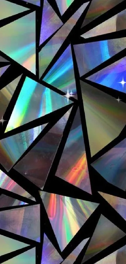 Iridescent geometric pattern with vibrant prisms on a dark background.