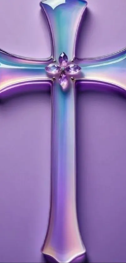 Iridescent glass cross on a purple background wallpaper.