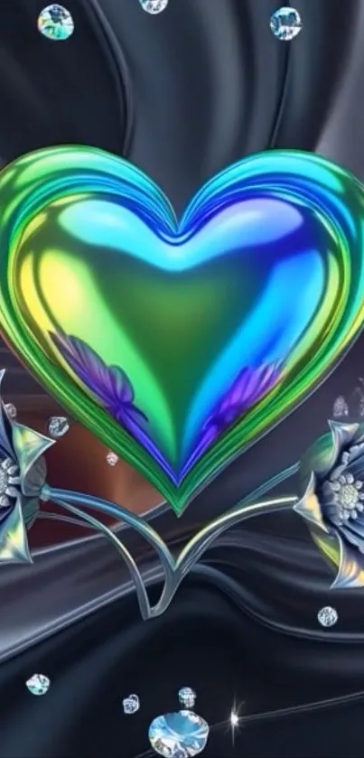 Iridescent heart with floral accents on black background.