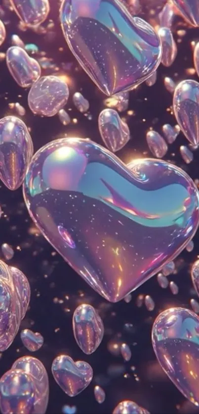 Iridescent heart bubbles on dark background.