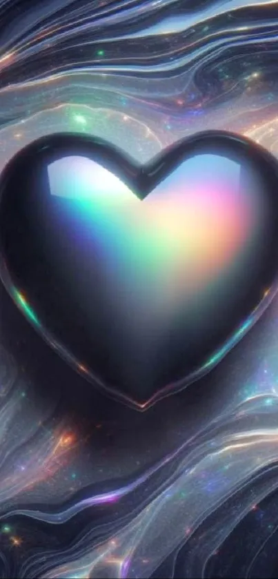 A vibrant iridescent heart on a cosmic mobile wallpaper.