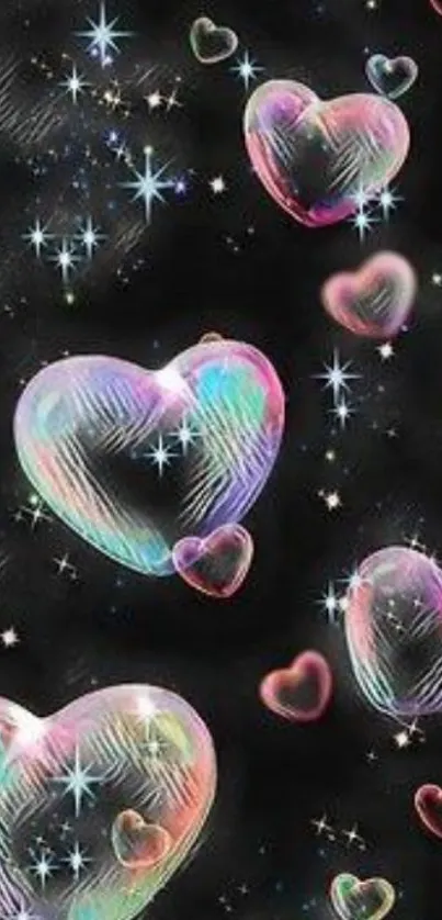 Iridescent hearts with stars on a black galaxy background.