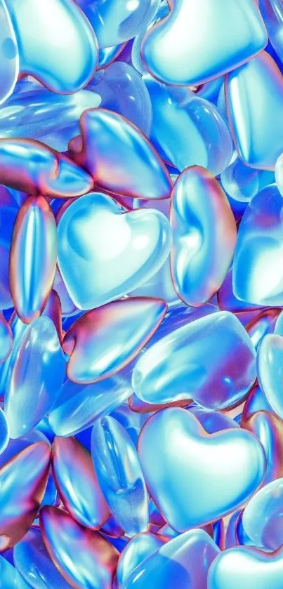 Iridescent blue hearts wallpaper with a vibrant and shiny design for mobile displays.