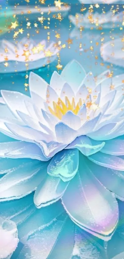 Iridescent lotus with golden sparkles on blue background wallpaper.