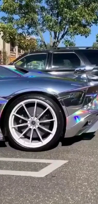 Iridescent luxury car parked in urban setting.