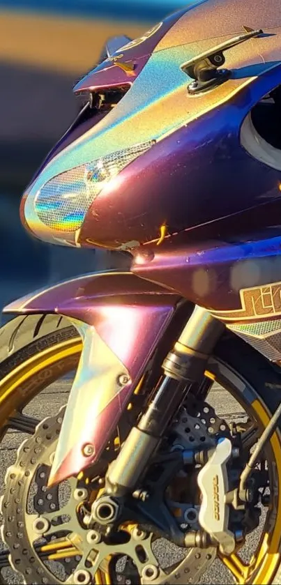 Close-up of a purple iridescent motorcycle with golden details.