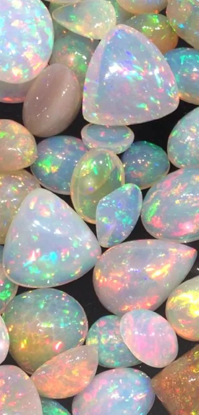 Vibrant iridescent opal gemstones on display.