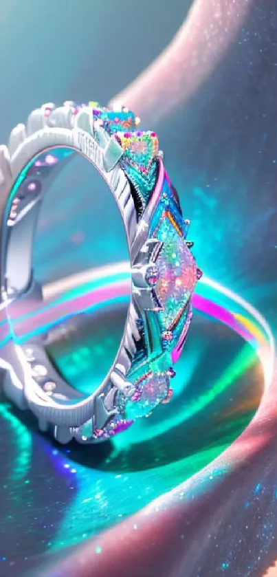 Iridescent ring with colorful light effects on a shimmering teal background.